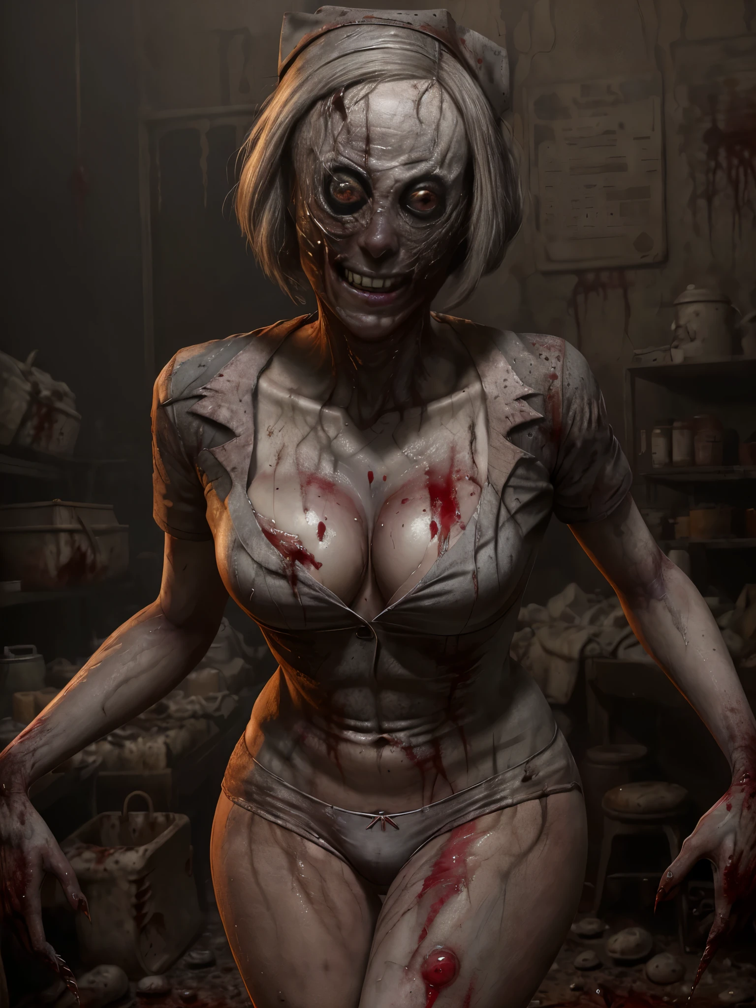 ((top quality, 8 thousand, masterpiece:1.3)) SilentHillNurse woman 60yo, slender body, (red eyes:1.3), black hair, bob cut, straight bangs, Pale and white skin, Tangled black hair, masterpiece, highly detailed, look at viewer, Blood, severe dark circles, Bloodstained white nurse uniform, black lips, Corruption, Fog, dim lighting, nurse, abandoned hospital, (big bust: 0.3), (thick thighs: 0.4), slim figure, skinny elder woman, wreckles, glowing edges of image, (red lingerie, red underpants:1.2), creepy, scary, envoking fear, shock value, very evil, very evil, terror, dread, decay, disgust, she is a Psycho, (grey skin, pale skin:1.4), (blood everywhere, covered in blood:1.4), (evil eyes, eyes glowing, evil grin:1.2), feral hunger, frenzy