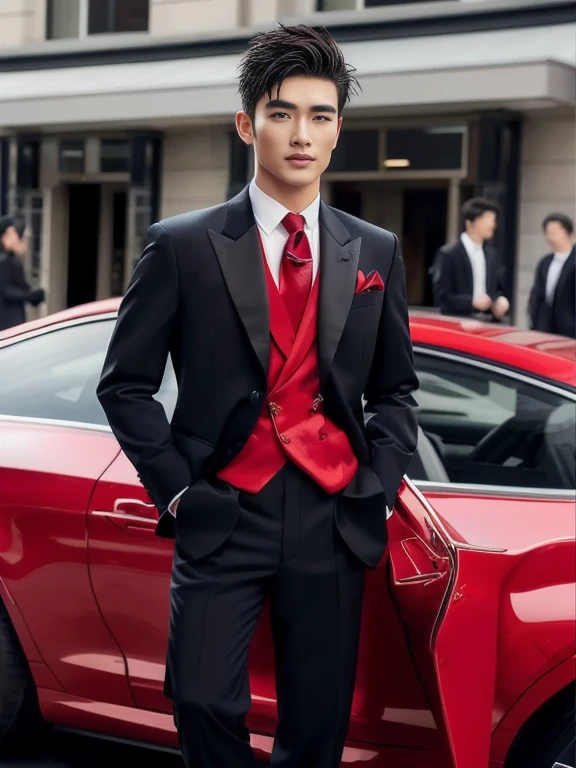 Asian man, Wear a red formal dress, handsome man, Charming and good looking, wearing red dress, A well-maintained model, Profile picture, Asian people, Avatar, model, handsome, handsome chad chinชายอาราฟไบหน้ากลม, Mohawk haircut,Clean and tidy, Wearing a suit and tie standing on the road, handsomeมาก สมจริงสุดๆ, highly realistic detailed face, realistic detailed face, One realistic face, With a very detailed face., Male characters, 3D demoreal avatar, Faces with realistic details, Realistic art style, 8k highly detailed face, realistic human, Realistic perfect face, 