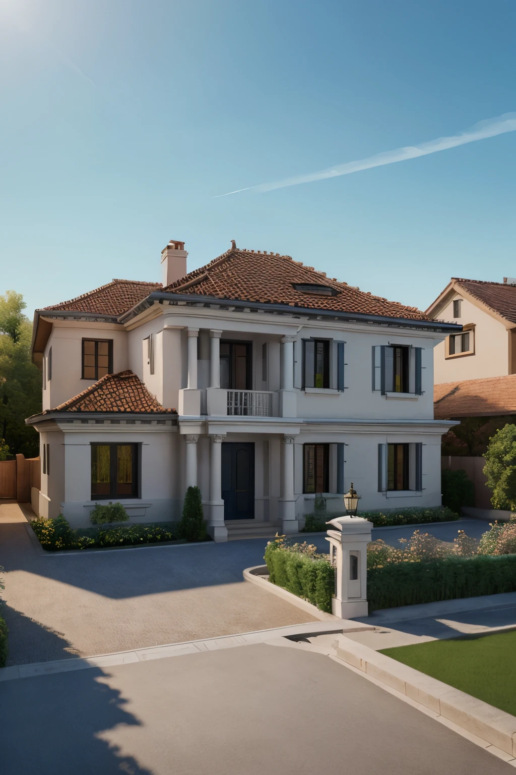 masterpiece, (photorealistic:1.2), best quality, ultra high res, exterior,architechture,modern house,white wall, glass windows,,trees,traffic road,design,trees around, blue sky,in the style of realistic hyper-detailed rendering, 32k uhd, luxury neoclassical villa, in the style of neoclassical scenes, hallyu, white, (dark navy roof:1.2), daylight, decorative art nouveau, les nabis,
masterpiece,ultra realistic,32k,extremely detailed CG unity 8k wallpaper, best quality