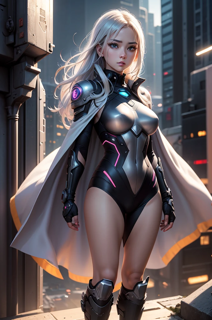 masterpiece, best quality, 4k, mecha, starry,sky, star \(sky\), cape, hair ribbon, slim legs, hood, long hair, white hair, cyberpunk, depth of field,
