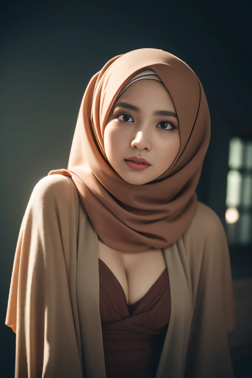 praying, javanese, (((hijabi))), cleavage, round breast, reflection light, chiaroscuro, depth of field, cinematic lighting, ray tracing, Sony FE GM, UHD, super detail, masterpiece, textured skin, high details, best quality, award winning，3D,hdr（HighDynamicRange）,Ray tracing,NVIDIA RTX,Hyper-Resolution,Unreal 5,Subsurface scattering、PBR Texture、post-proces、Anisotropy Filtering、depth of fieldaximum definition and sharpnesany-Layer Textures、Albedo e mapas Speculares、Surface coloring、Accurate simulation octane rendering of light-material interactions、Two-colored light、largeaperture、Low ISO、White balance、the rule of thirds、8K raw data
