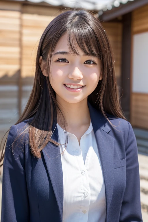 (8k, RAW photo, highest quality, output: 1.2), (realistic, photorealistic: 1.37), super detailed, super high resolution, girl 1, viewer, detailed cute face, smile, teeth, professional lighting, Japan Junior high school student, small breasts, neat, serious, honor student, , standing upright