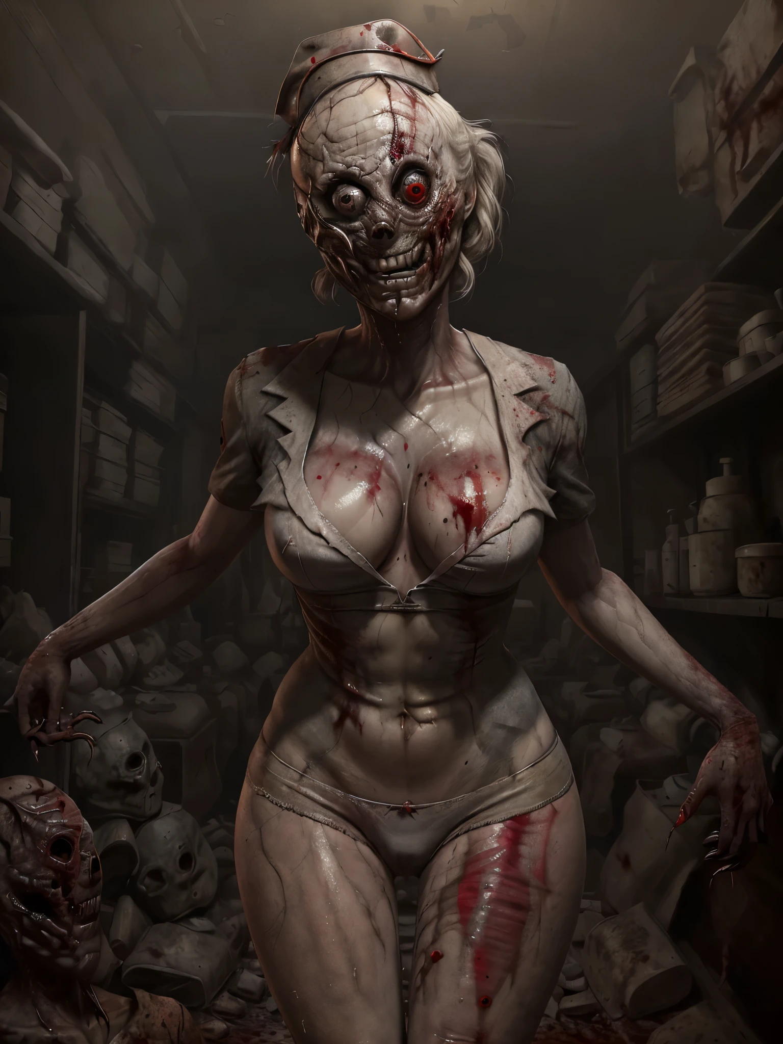 ((top quality, 8 thousand, masterpiece:1.3)) SilentHillNurse woman 60yo, slender body, (red eyes:1.3), black hair, bob cut, straight bangs, Pale and white skin, Tangled black hair, masterpiece, highly detailed, look at viewer, Blood, severe dark circles, Bloodstained white nurse uniform, black lips, Corruption, Fog, dim lighting, nurse, abandoned hospital, (big bust: 0.3), (thick thighs: 0.4), slim figure, skinny elder woman, wreckles, glowing edges of image, (red lingerie, red underpants:1.2), creepy, scary, envoking fear, shock value, very evil, very evil, terror, dread, decay, disgust, she is a Psycho, (grey skin, pale skin:1.4), (blood everywhere, covered in blood:1.4), (evil eyes, eyes glowing, evil grin:1.2), feral hunger, frenzy