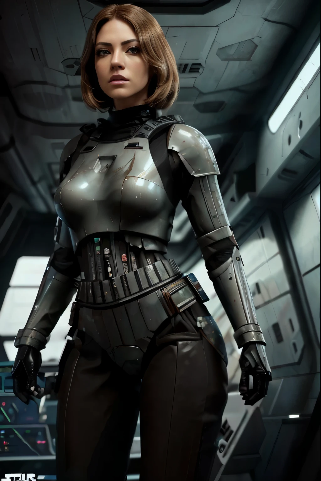 there a beautiful thick blonde woman in a sexy stormtrooper black armor from star wars, imagen cuerpo completo, piernas largas, small waist, face with freckles, cabello rubio dorado largo, ojos azules, labios gruesos, pose sexy, trasero redondo, futuristic starship crew member, solo female character, hyper realistic sci fi realistic, cinematic highly detailed, sci fi female character, 8 k high detail and intricate, sci-fi female, highly detailed vfx portrait of, sci-fi highly detailed