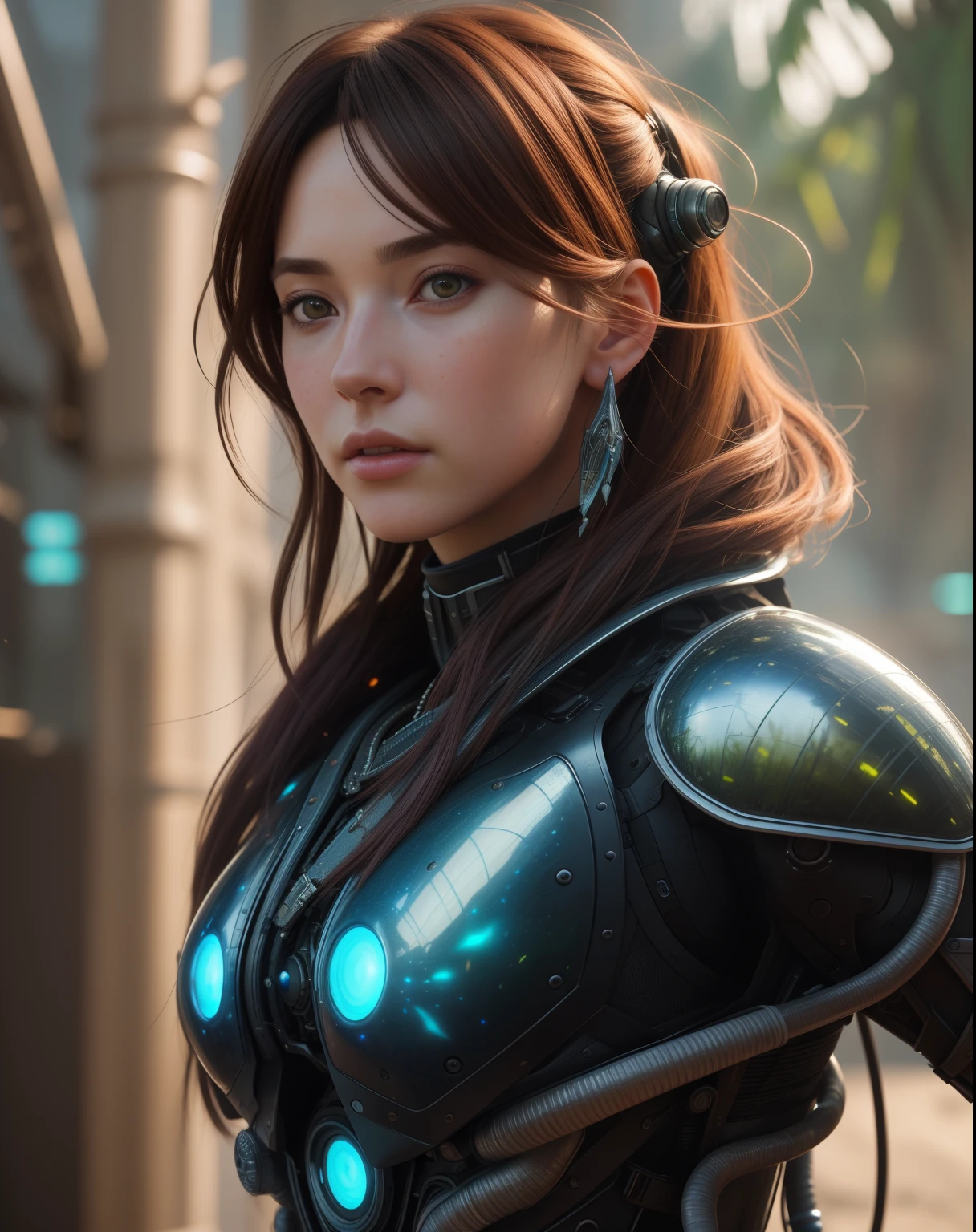 4k, realistic, very detailed, wide angle lens, futuristic biopunk armor, vibrant, fantastical plants, splash art anime background, concept art, realistic lighting, epic composition, diffuse, (masterpiece, best quality), super hd, 32k , Detailed and realistic portrait of a woman (Masterpiece, realistic:1.3), (extremely intricate:1.2), (photorealistic:1.4), (extremely delicate), (ultra realistic:1.3), (hyperrealistic 3D render), looking at the viewer eyes standing straight --v 6