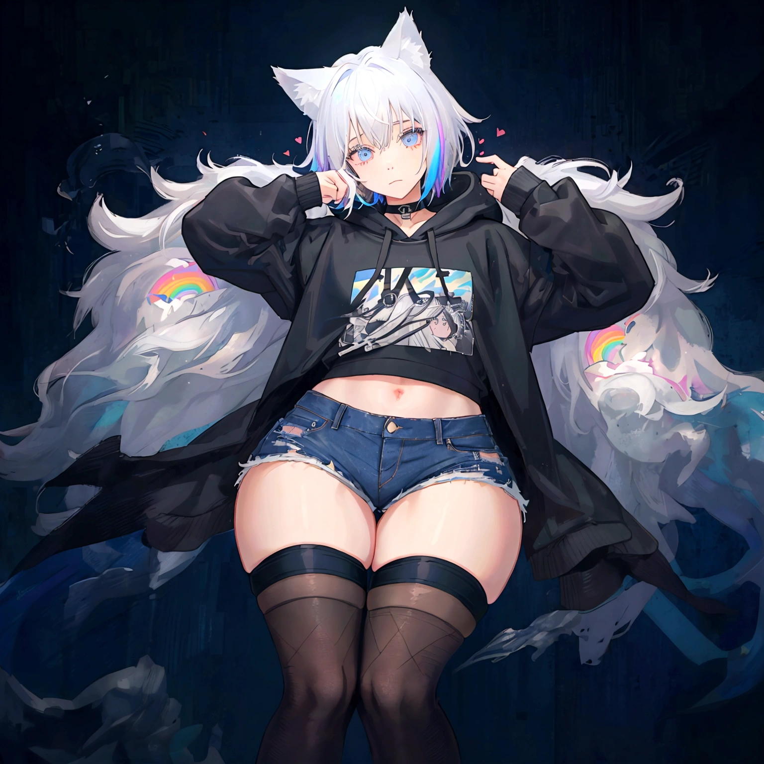 a cute adult male with wolf ears, long white hair, long locks, has a wolf tail, wearing a loose cropped oversized black hoodie, wearing a pair of denim short shorts and fishnet stockings, thick thighs, wide hips, relaxing on mound of fluffy multi colored kawaii plushies, short, very slim, showing slender tummy, heart on hoodie, squishy thighs, has glowing blue eyes. alone, solo (ALONE)(SOLO), surrounded by rainbows, colorful galaxy backround, turned around, shot from the back, big juicy butt, has a wedgie, in a breeding pose
