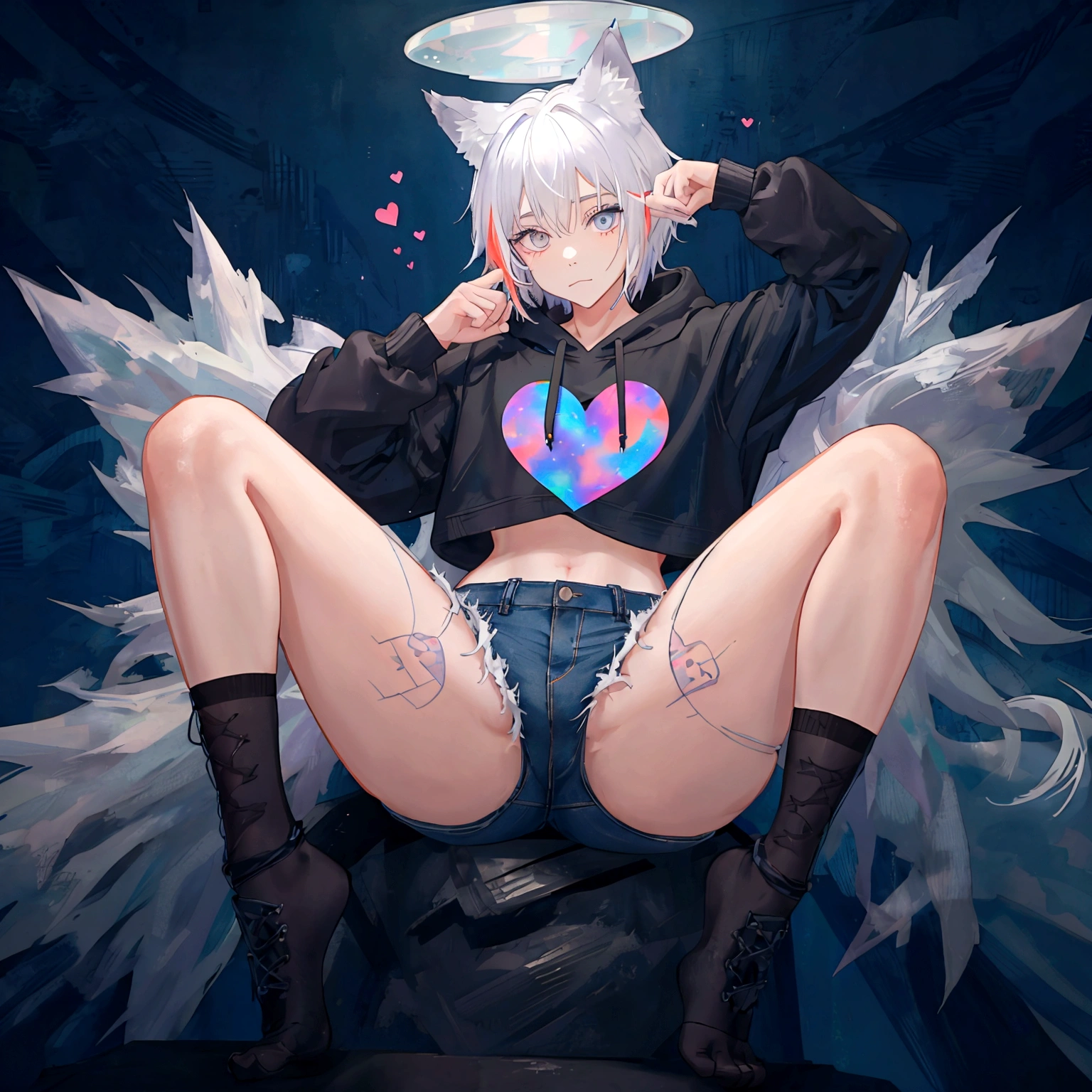 a cute adult male with wolf ears, white hair, has a wolf tail, wearing a loose cropped oversized black hoodie, wearing a pair of denim short shorts and fishnet stockings, thick thighs, wide hips, relaxing on mound of fluffy multi colored kawaii plushies, short, very slim, showing slender tummy, stretching out, heart on hoodie, squishy thighs, has glowing blue eyes. alone, solo (ALONE)(SOLO), surrounded by rainbows, colorful galaxy backround