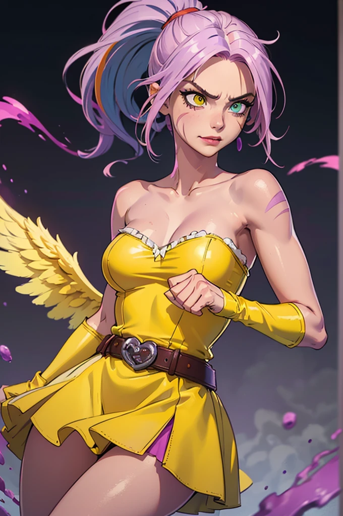 (mejor calidad, Obra maestra), mirando abajo, viento, Particle, parte superior del cuerpo, 1 girl, ((angel wings)), ((pink skin)), red lips, medium hair, ponytail, (((two colors hair))), ((lilac and purple hair)), ((heterochromia: green left eye, blue right eye)), medium breast, (((yellow clothes))), (torn clothes), (pink gloves), ((yellow strapless dress)), stockings, frowning, ((insane face angry)), (scars on body), wet hair, messy hair, (smiling), belt, side bangs