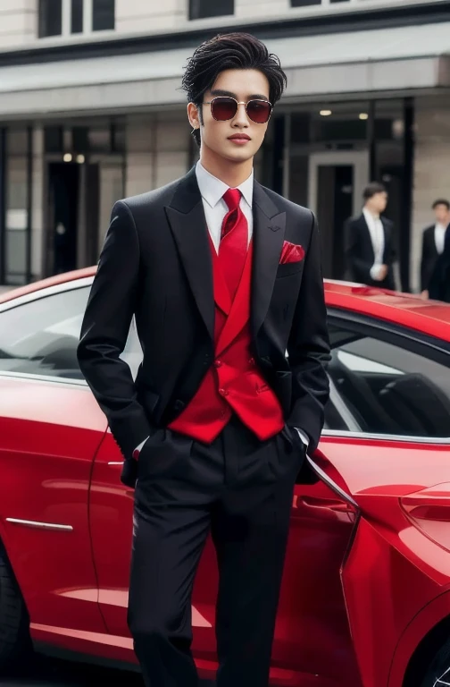 Asian man, Wear a red formal dress, handsome man, Charming and good looking, wearing red dress, A well-maintained model, Profile picture, Asian people, Avatar, model, handsome, handsome chad chinชายอาราฟไบหน้ากลม, Mohawk haircut,Clean and tidy, Wearing a suit and tie standing on the road, handsomeมาก สมจริงสุดๆ, highly realistic detailed face, realistic detailed face, One realistic face, With a very detailed face., Male characters, 3D demoreal avatar, Faces with realistic details, Realistic art style, 8k highly detailed face, realistic human, Realistic perfect face,