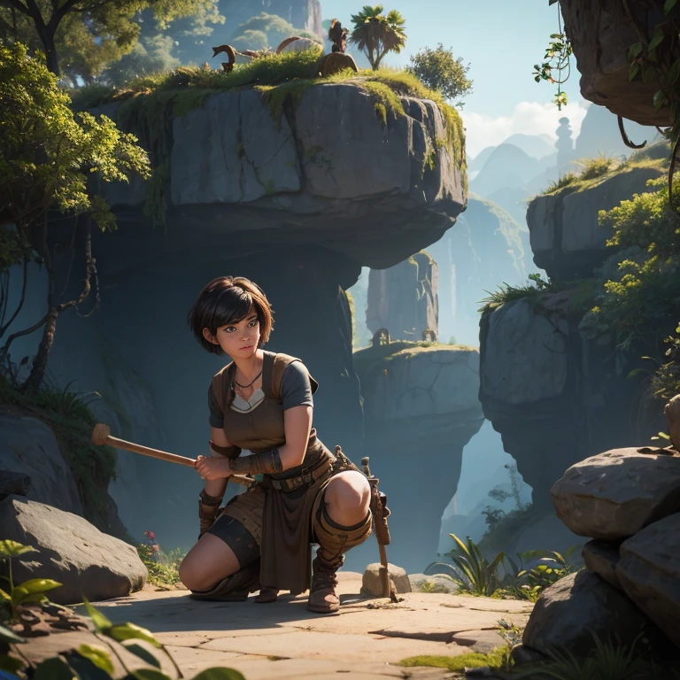 In the game adventure realistic character style, Epic games realistic, game dev, unreal engineer, create A realistic woman with short hair with bangs, kneeling on a jungle rock, left arm touches the rock to balance her body. In her right hand, with her arm bent, the woman holds a wooden stick embedded in stone. The girl with short hair and bangs looks down as if she is preparing to attack her enemy, Craftsman's masterpiece.