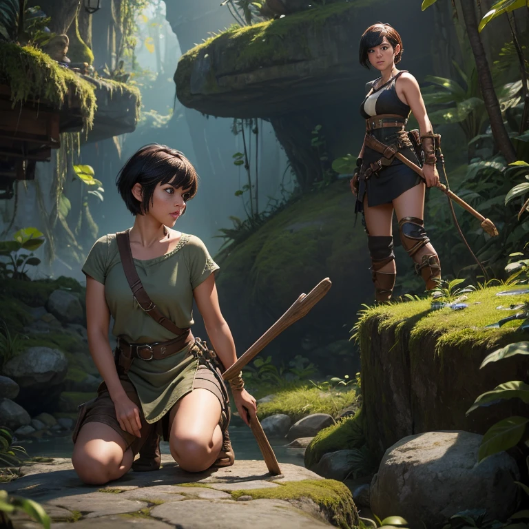 In the game adventure realistic character style, Epic games realistic, game dev, unreal engineer, create A realistic woman with short hair with bangs, kneeling on a jungle rock, left arm touches the rock to balance her body. In her right hand, with her arm bent, the woman holds a wooden stick embedded in stone. The girl with short hair and bangs looks down as if she is preparing to attack her enemy, Craftsman's masterpiece.