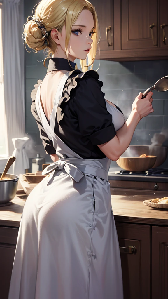 masterpiece, high quality, 4K, Beautiful design, silhouette，blonde， Very detailed，In the kitchen， wonderful, Finer details,  Very knowledgeable woman, Very detailedソロ, 1 female,Big Breasts，Butt，Cooking apron，apron，cooking，