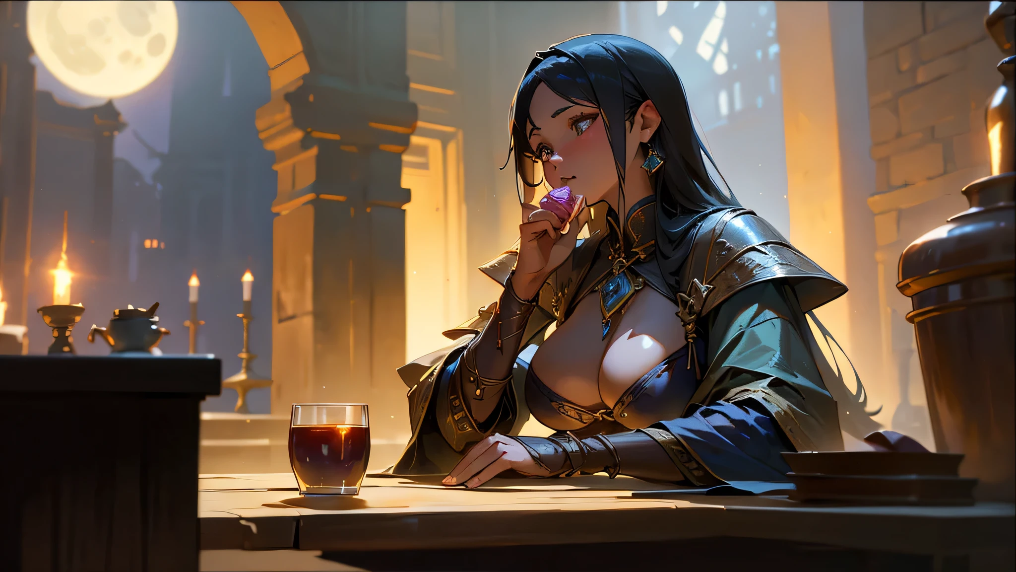 An adventurer drinking fruit juice in front of the fireplace、While chatting、Delicious meat dishes and cups on the table、Adventurer sitting on a wooden chair、Fantasy、middle ages、A woman wearing a transparent white robe、Woman in bikini armor、Male thief、Dim Tavern、Dimly lit interior、Warm light from the fireplace、Wooden Room、Brick fireplace、Big Breasts、sexy、Moonlight、Downlight、full moon、Plump、Sideboob、4K、8K、Highest quality