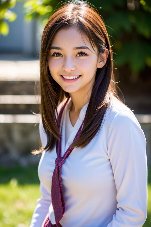 (8k, RAW photo, highest quality, output: 1.2), (realistic, photorealistic: 1.37), super detailed, super high resolution, girl 1, viewer, detailed cute face, smile, teeth, professional lighting, Japan Junior high school student, small breasts, neat, serious, honor student, , standing upright