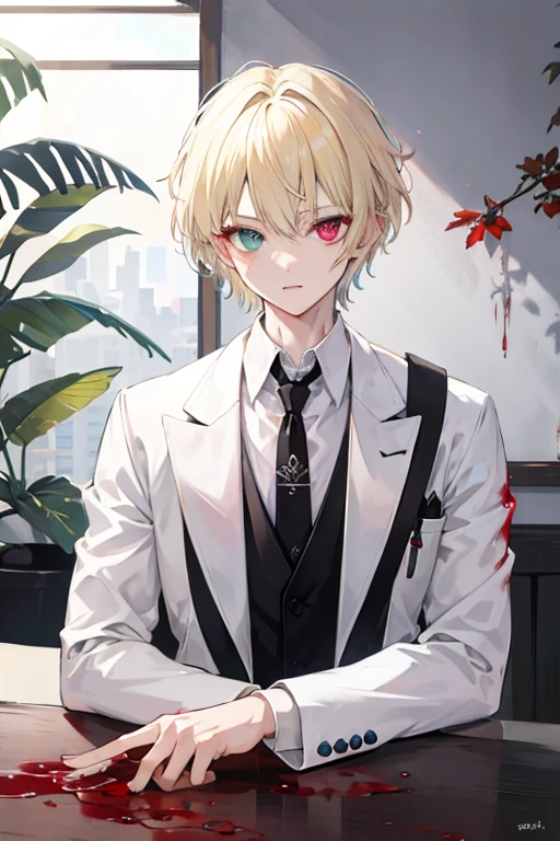 heterochromia,역동적인 pose,Take photos,pose,Sit pose,upper body, male, adult, Short hair, blood, Madness, blond hair, suit