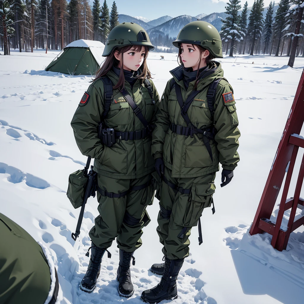 Two female soldiers wearing helmets standing frontally,Wearing dark green jacket、The same posture、Military Pants、snow boots、Winter military camp,Write details、masterpiece、best quality、Highly detailed CG、8K picture quality