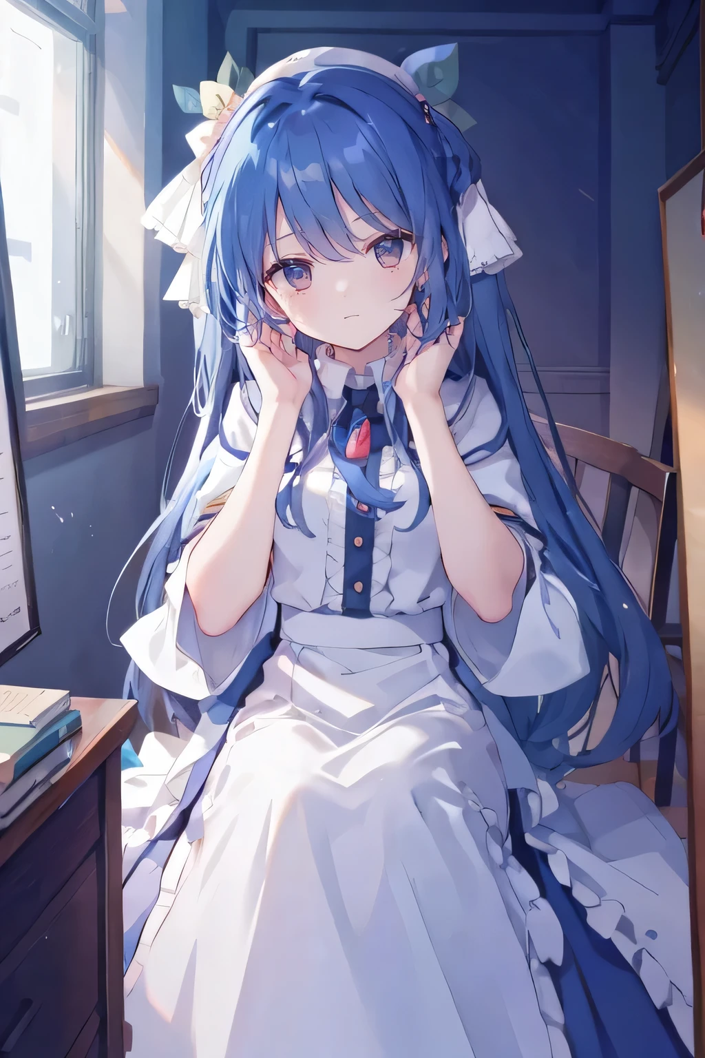 novice，Women's hands，clear hand,dark blue hair. 