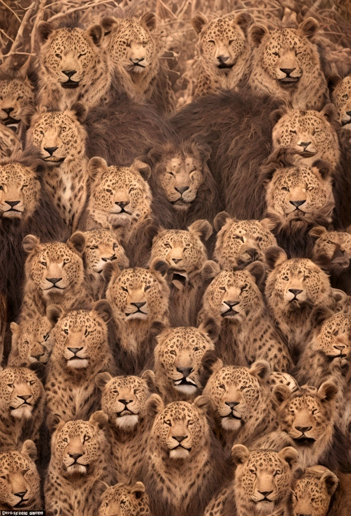 A strange leopard head animal, bear&#39;s body and lion&#39;s mane, with seven heads and ten horns, sentada sobre uma montanha.