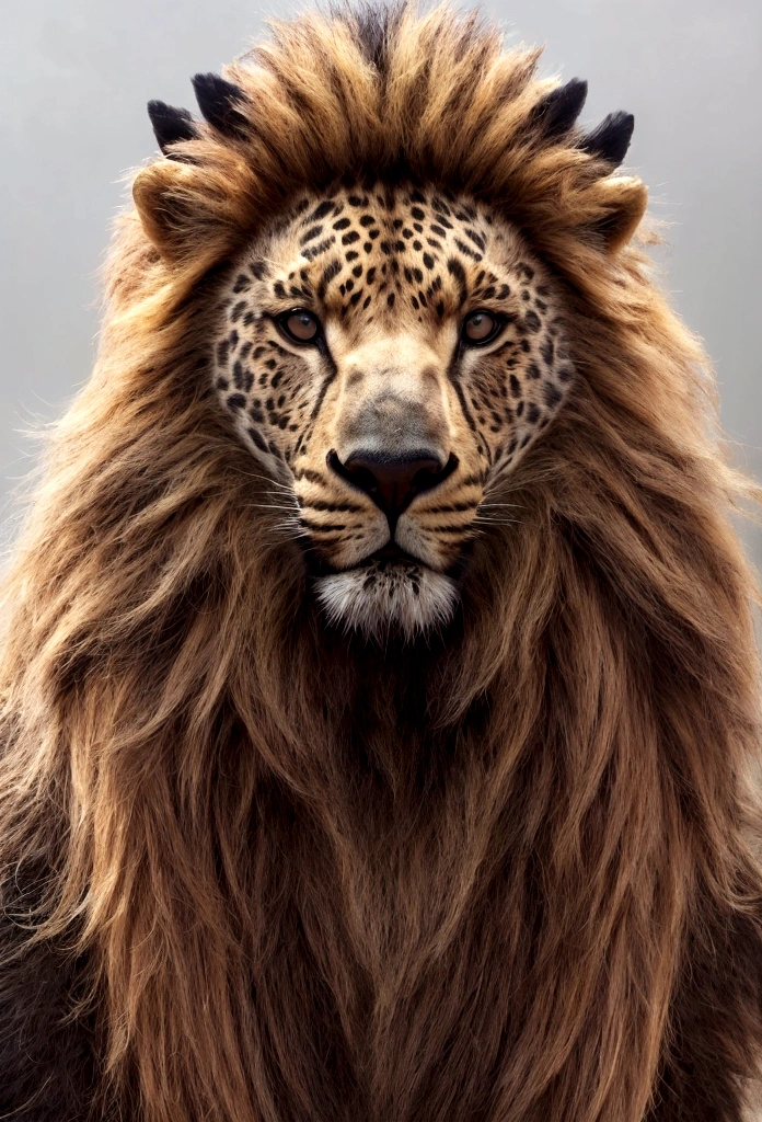 A strange leopard head animal, bear&#39;s body and lion&#39;s mane, with seven heads and ten horns, sentada sobre uma montanha.