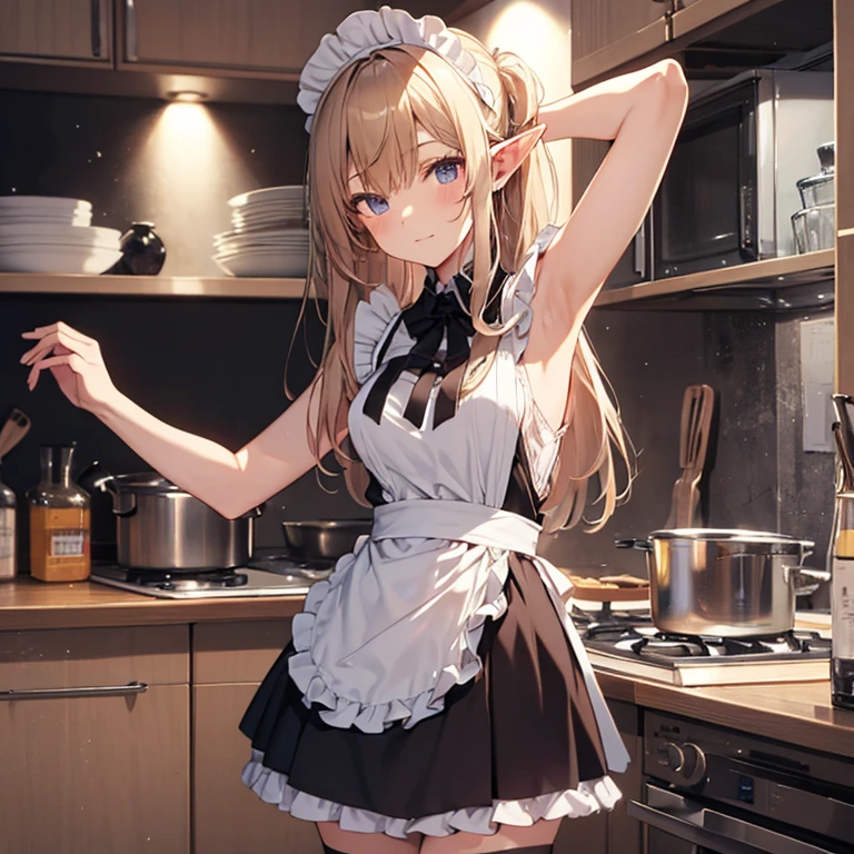 A maid, (in kitchen), various hair styles, night, details face, short skirt, seducing, sleeveless, maid uniform, armpits, elf