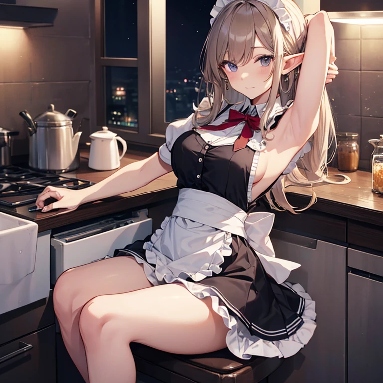 A maid, (in kitchen), various hair styles, night, details face, short skirt, seducing, sleeveless, maid uniform, armpits, elf