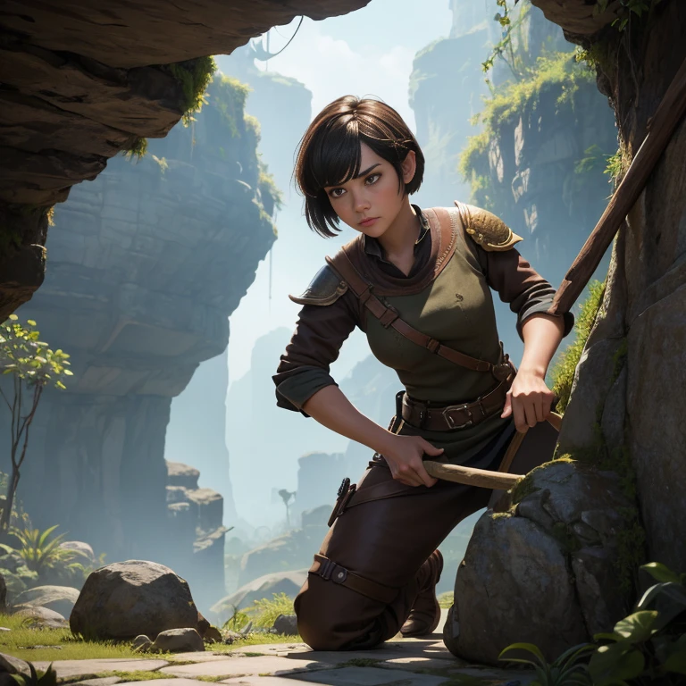 In the game adventure realistic character style, Epic games realistic, game dev, unreal engineer, in wihite background,create A realistic woman with short hair with bangs, kneeling on a floating jungle rock, left arm touches the rock to balance her body. In her right hand, with her arm bent, the woman holds a wooden stick embedded in stone. The girl with short hair and bangs looks down as if she is preparing to attack her enemy, Craftsman's masterpiece.