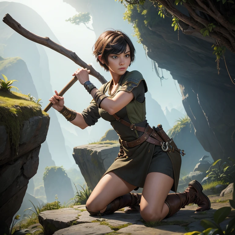 In the game adventure realistic character style, Epic games realistic, game dev, unreal engineer, in wihite background,create A realistic woman with short hair with bangs, kneeling on a floating jungle rock, left arm touches the rock to balance her body. In her right hand, with her arm bent, the woman holds a wooden stick embedded in stone. The girl with short hair and bangs looks down as if she is preparing to attack her enemy, Craftsman's masterpiece.