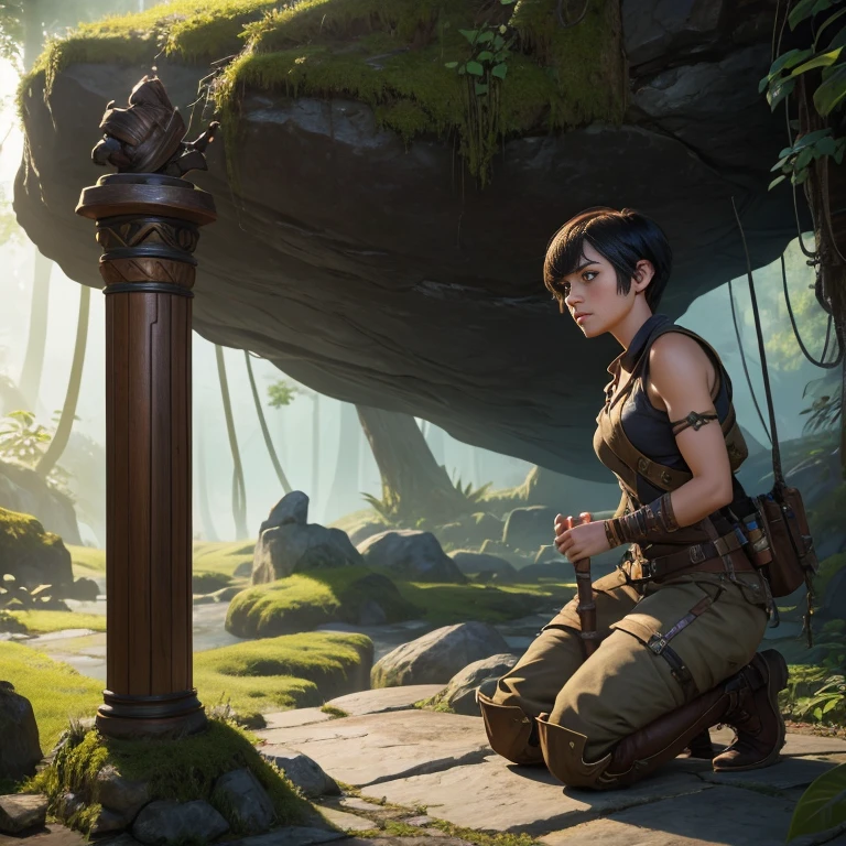 In the game adventure realistic character style, Epic games realistic, game dev, unreal engineer, in wihite background,create A realistic woman with short hair with bangs, kneeling on a floating jungle rock, left arm touches the rock to balance her body. In her right hand, with her arm bent, the woman holds a wooden stick embedded in stone. The girl with short hair and bangs looks down as if she is preparing to attack her enemy, Craftsman's masterpiece.