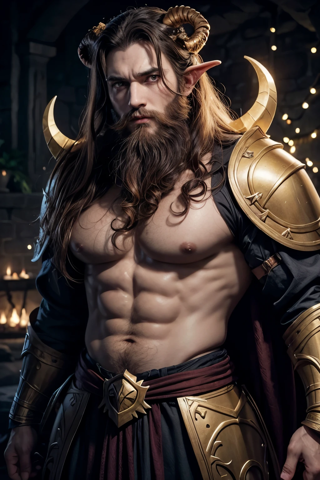 A Paladin Tiefling with yellow eyes, curly horns, dark red skin, braço long beard and strong contitution