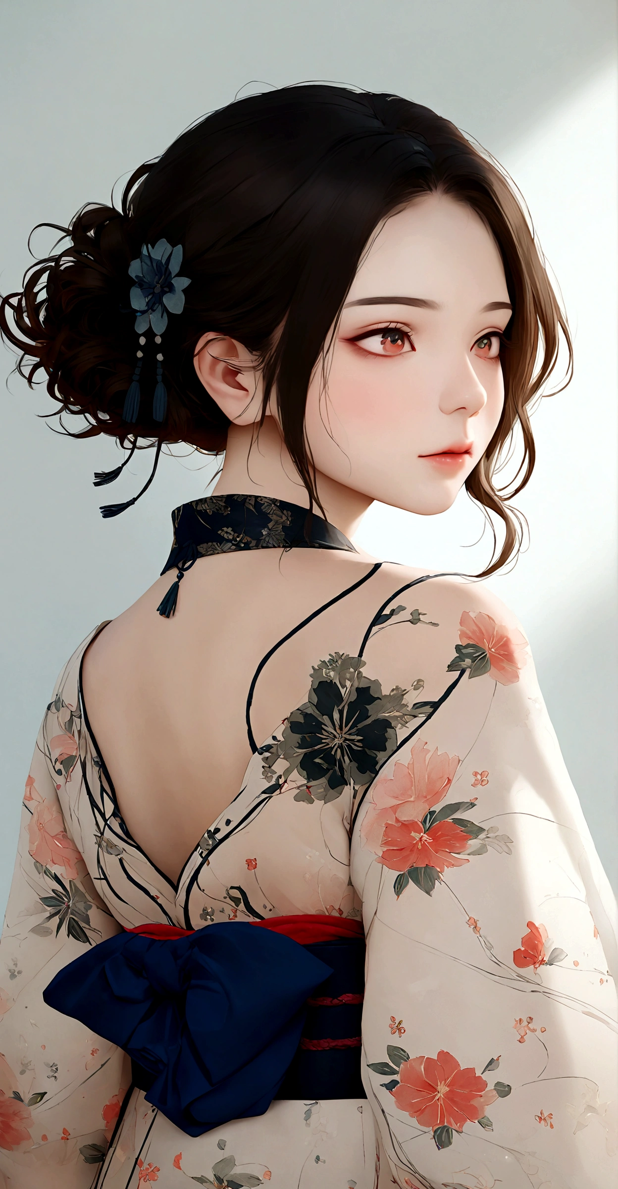 Close-up portrait of a beautiful Japanese woman in a yukata, Her face illuminated by the warm light of a summer night festival. Her expression is calm and thoughtful, Her eyes reflect the vibrant atmosphere around her.. The yukata is a vibrant blue color.、It features an intricate floral pattern, She is adorned with traditional headdresses.. The background is a bit blurred, Create depth and intimacy. Realistic, High resolution, 8k.