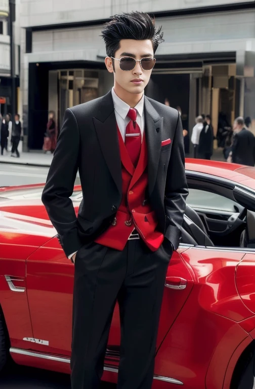 Asian man, Wear a red formal dress,A well-maintained model, Profile picture, Aravbai man has a round face., Mohawk haircut,Clean and tidy, Wearing a suit and tie standing on the road, Very handsome, very realistic, highly realistic detailed face, realistic detailed face, One realistic face, With a very detailed face., Male characters, 3D demoreal avatar, Faces with realistic details, Realistic art style, 8k highly detailed face, realistic human, Realistic perfect face,