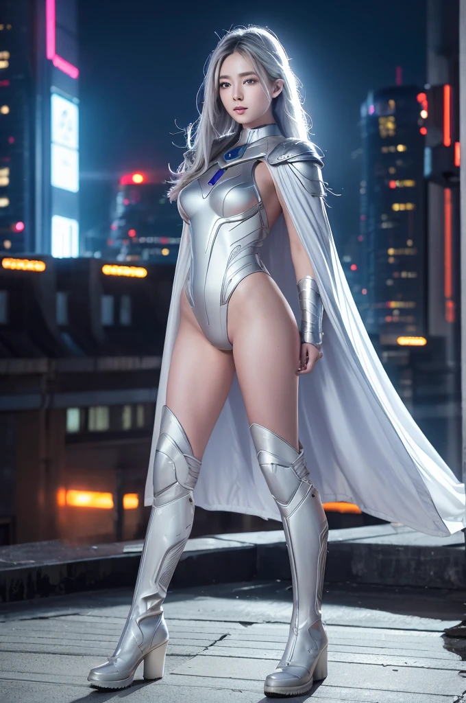 highest quality、8k Masterpiece、超A high resolution、(Photorealistic:1.3)、RAW Photos、1 girl、Silvery white hair、Glowing Skin、Super beautiful cyberpunk soldier、((Ultra-Realistic Details))、Portrait、Global Illumination、Shadow、Octane Rendering、8k、Super sharp、Beautiful breasts、Metal、Cold colors、、Very intricate details、Realistic Light、CGSoation Trend、Beautiful Eyes、Shining Eyes、To the camera、Neon Details、wearing futuristic combat uniforms、Standing on the rooftop of a futuristic city、Long hair swaying in the wind、Futuristic Boots、Armor、whole body、wide shot、full body、A breathtakingly beautiful woman、Healthy Body、Long Cape、Fantasy