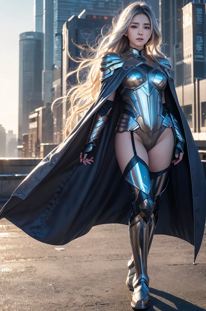 highest quality、8k Masterpiece、超A high resolution、(Photorealistic:1.3)、RAW Photos、1 girl、Silvery white hair、Glowing Skin、Super beautiful cyberpunk soldier、((Ultra-Realistic Details))、Portrait、Global Illumination、Shadow、Octane Rendering、8k、Super sharp、Beautiful breasts、Metal、Cold colors、、Very intricate details、Realistic Light、CGSoation Trend、Beautiful Eyes、Shining Eyes、To the camera、Neon Details、wearing futuristic combat uniforms、Standing on the rooftop of a futuristic city、Long hair swaying in the wind、Futuristic Boots、Armor、whole body、wide shot、full body、A breathtakingly beautiful woman、Healthy Body、Long Cape、Fantasy