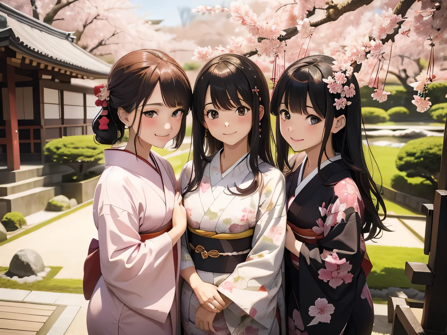 3girls, 28 years old, (kimono), blush, (embarrassed smile), (in japanese garden), (cherry tree in full bloom), cowboy shot, masterpiece, super detail, best quality