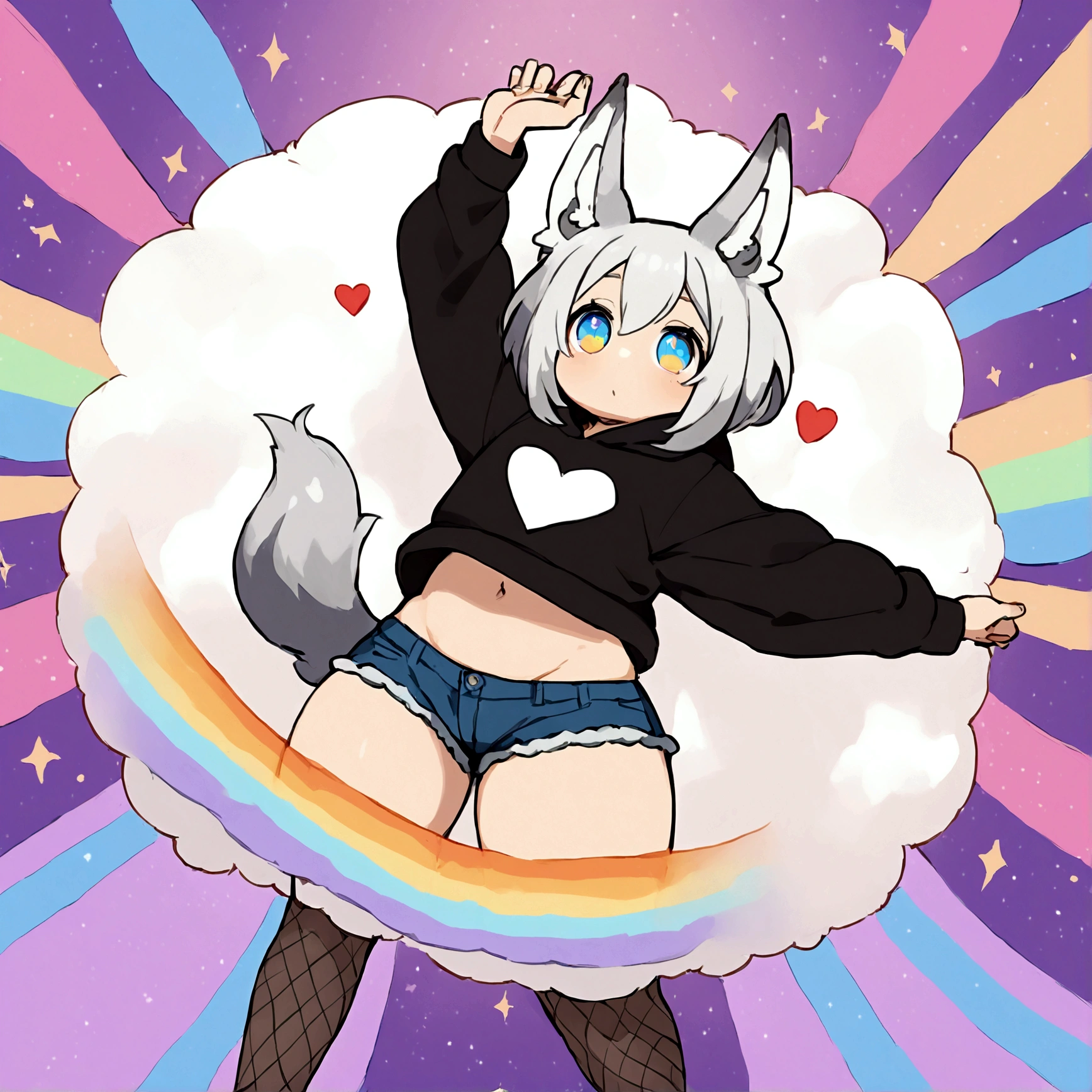 a cute adult male with wolf ears, white hair, has a wolf tail, wearing a loose cropped oversized black hoodie, wearing a pair of denim short shorts and fishnet stockings, thick thighs, wide hips, relaxing on mound of fluffy multi colored kawaii plushies, short, very slim, showing slender tummy, stretching out, heart on hoodie, squishy thighs, has glowing blue eyes. alone, solo (ALONE)(SOLO), surrounded by rainbows, colorful galaxy backround