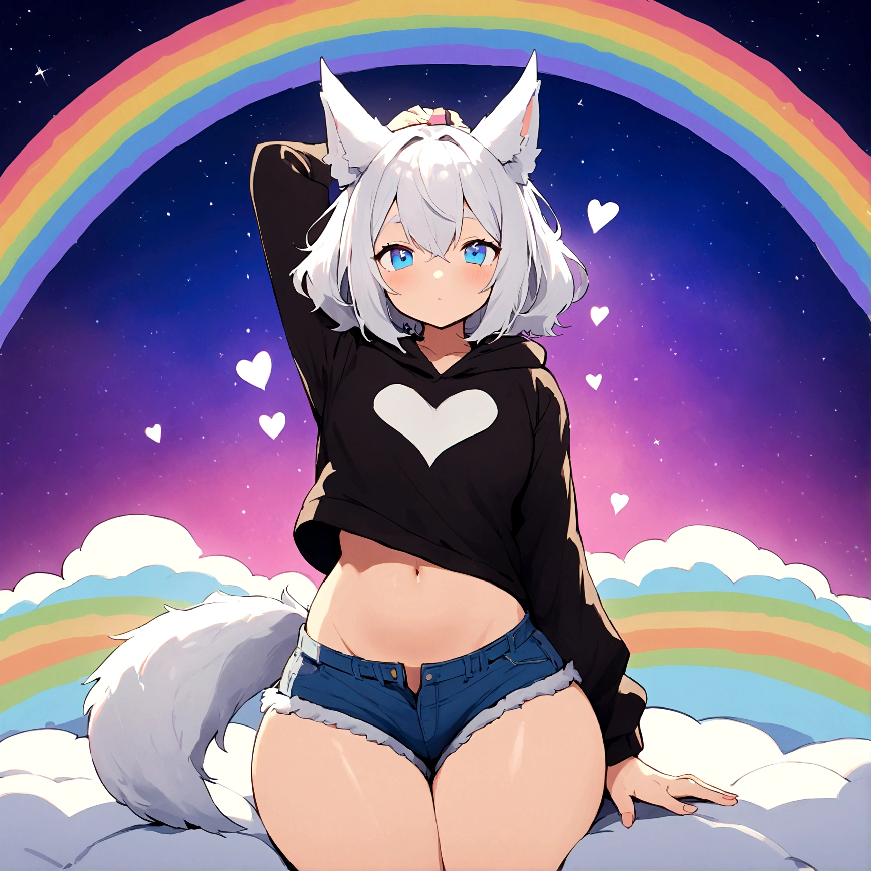 a cute adult male with wolf ears, white hair, has a wolf tail, wearing a loose cropped oversized black hoodie, wearing a pair of denim short shorts and fishnet stockings, thick thighs, wide hips, relaxing on mound of fluffy multi colored kawaii plushies, short, very slim, showing slender tummy, stretching out, heart on hoodie, squishy thighs, has glowing blue eyes. alone, solo (ALONE)(SOLO), surrounded by rainbows, colorful galaxy backround