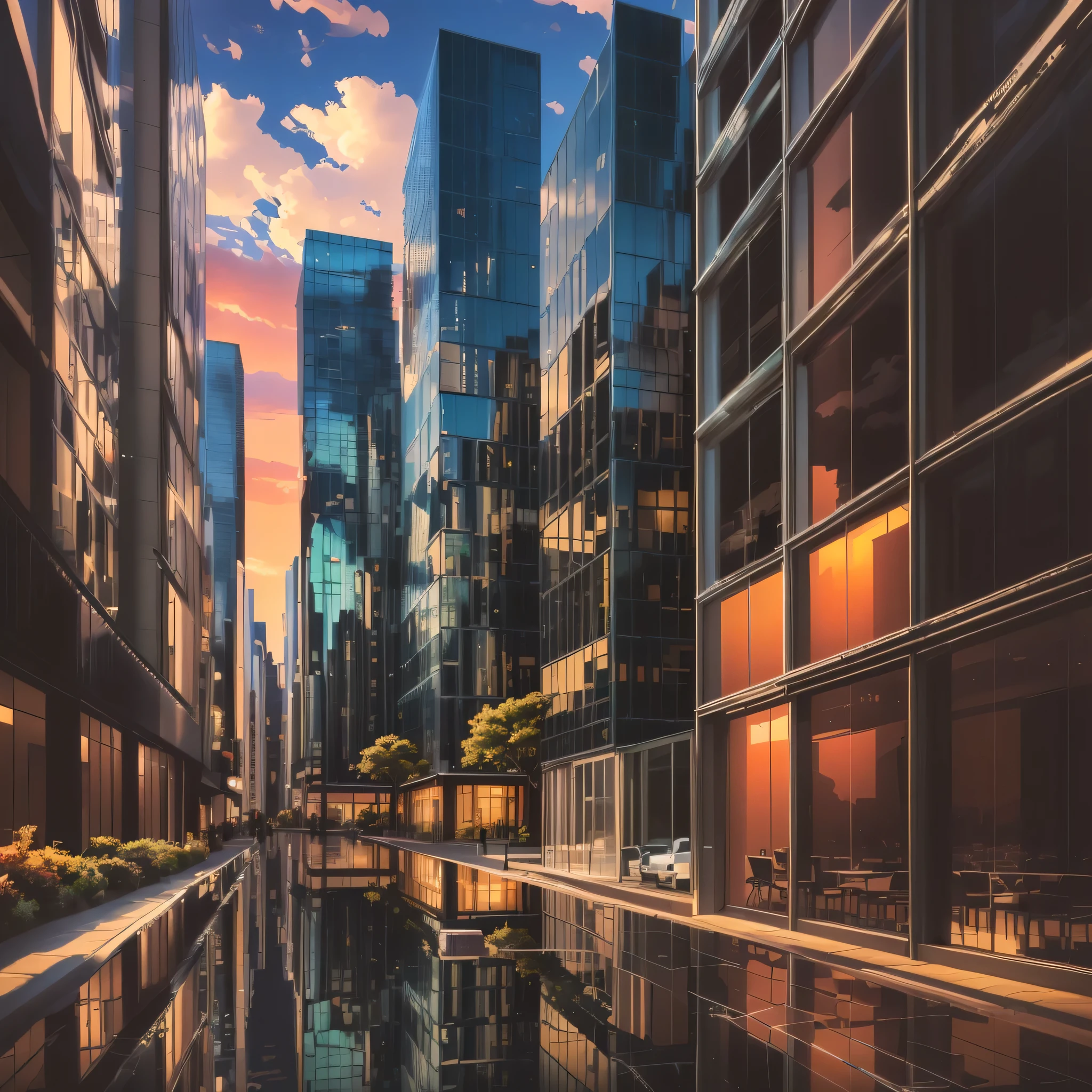 Buildings reflected in a puddle in the city, with shiny Glass Building, highrise business district, Urban reflections, Urban reflection, Beautiful cityscape, Tall glass skyscraper, City light reflections, by Richard Hess, Modern cityscape, Lots of glass facades, Sunset in the city, Glass Building, Beautiful cityscape background, Jason Benjamin, City morning