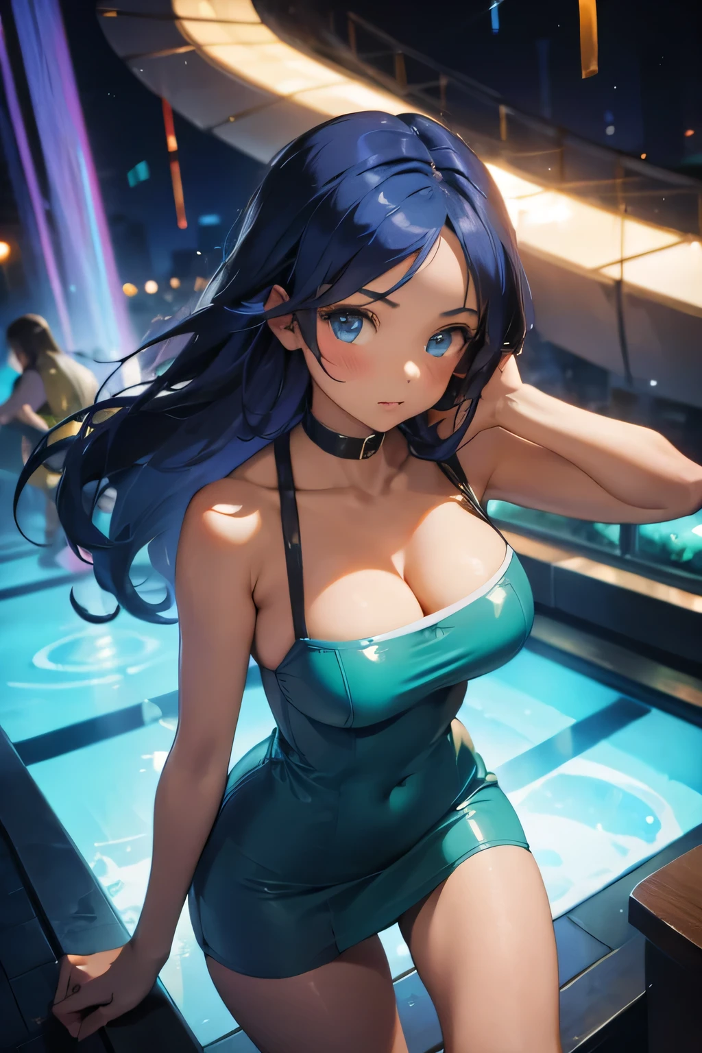 1 girl, girl alone, cute, sensual, dark skin, tanned skin, wavy blue hair, turquoise eyes, big breasts, wide hips, short tight dress, , short dress with straps, in an party