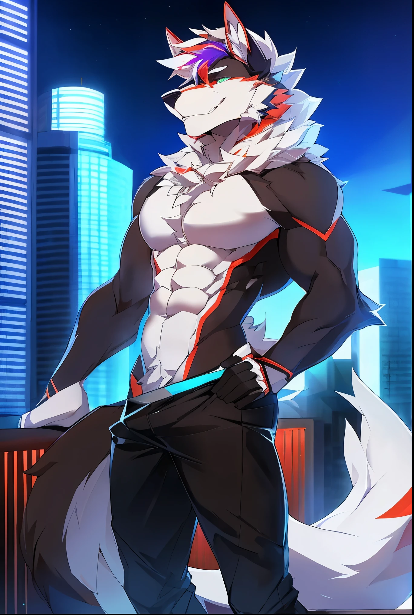 ((Solo)), male people, anthro wolf, (Multi-colored fur, White tail pointed), (Height 3meters,Tail length 2meters), Abs, pinginuscular, A long big tail, by patto, modern city