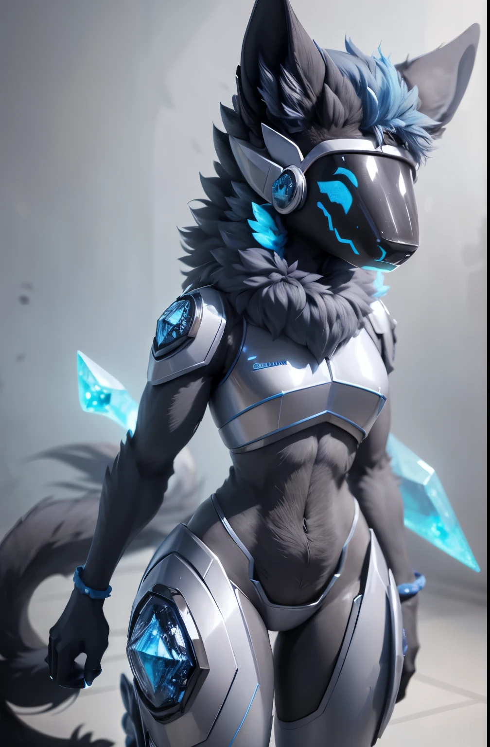 Protogen, furry, female, blue medium, grey furr, crystals on body, full height, reference
