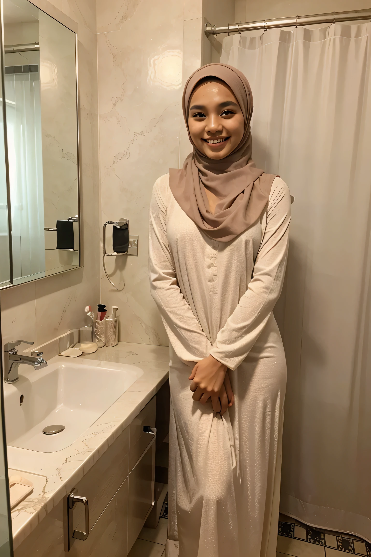 Nude 20 year old age malay woman with long hijab,bathroom background,smiling
