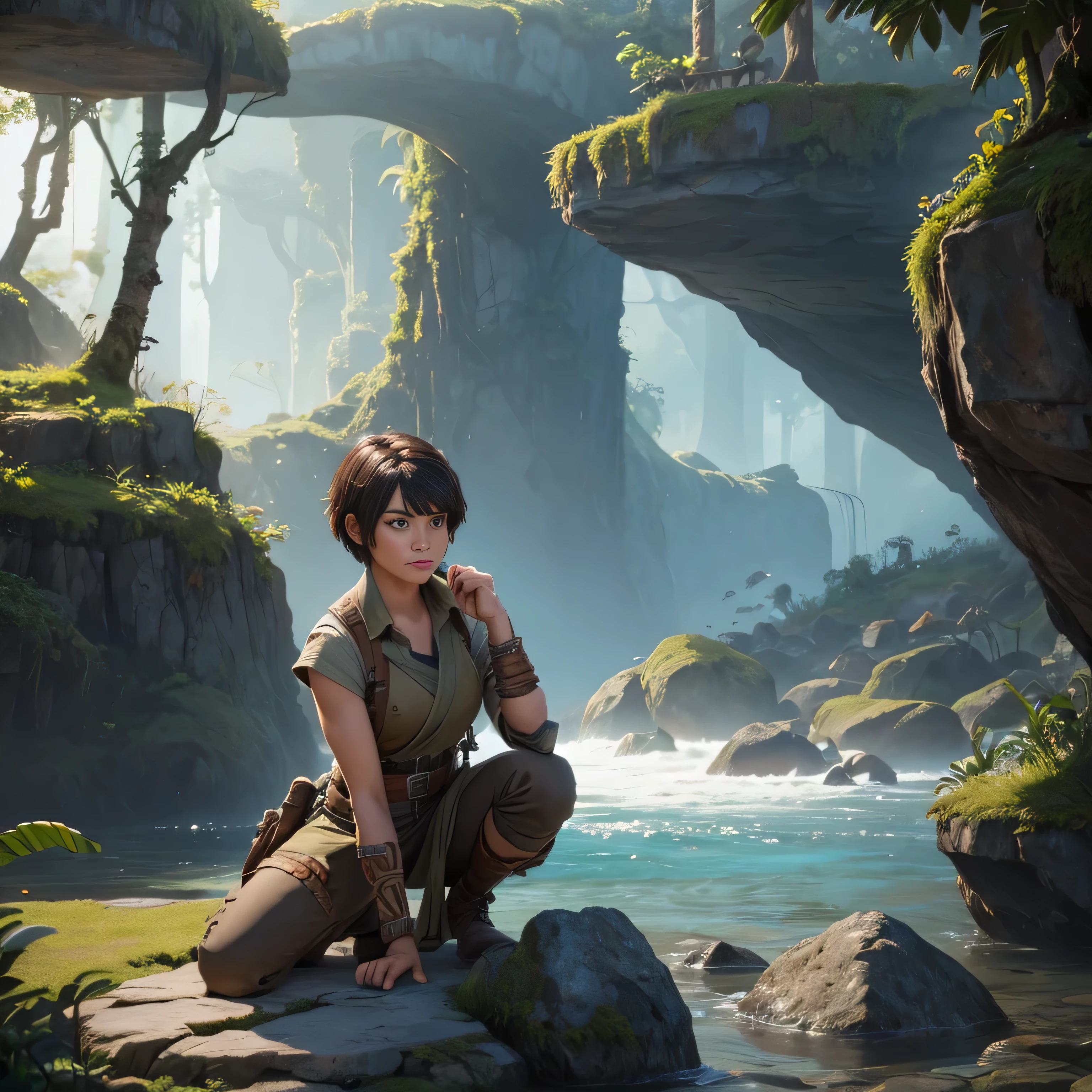 In the game adventure realistic character style, Epic games realistic, game dev, unreal engineer, in wihite background,create A realistic woman with short hair with bangs, kneeling on a floating jungle rock, left arm touches the rock to balance her body. In her right hand, with her arm bent, the woman holds a wooden stick embedded in stone. The girl with short hair and bangs looks down as if she is preparing to attack her enemy, Craftsman's masterpiece.