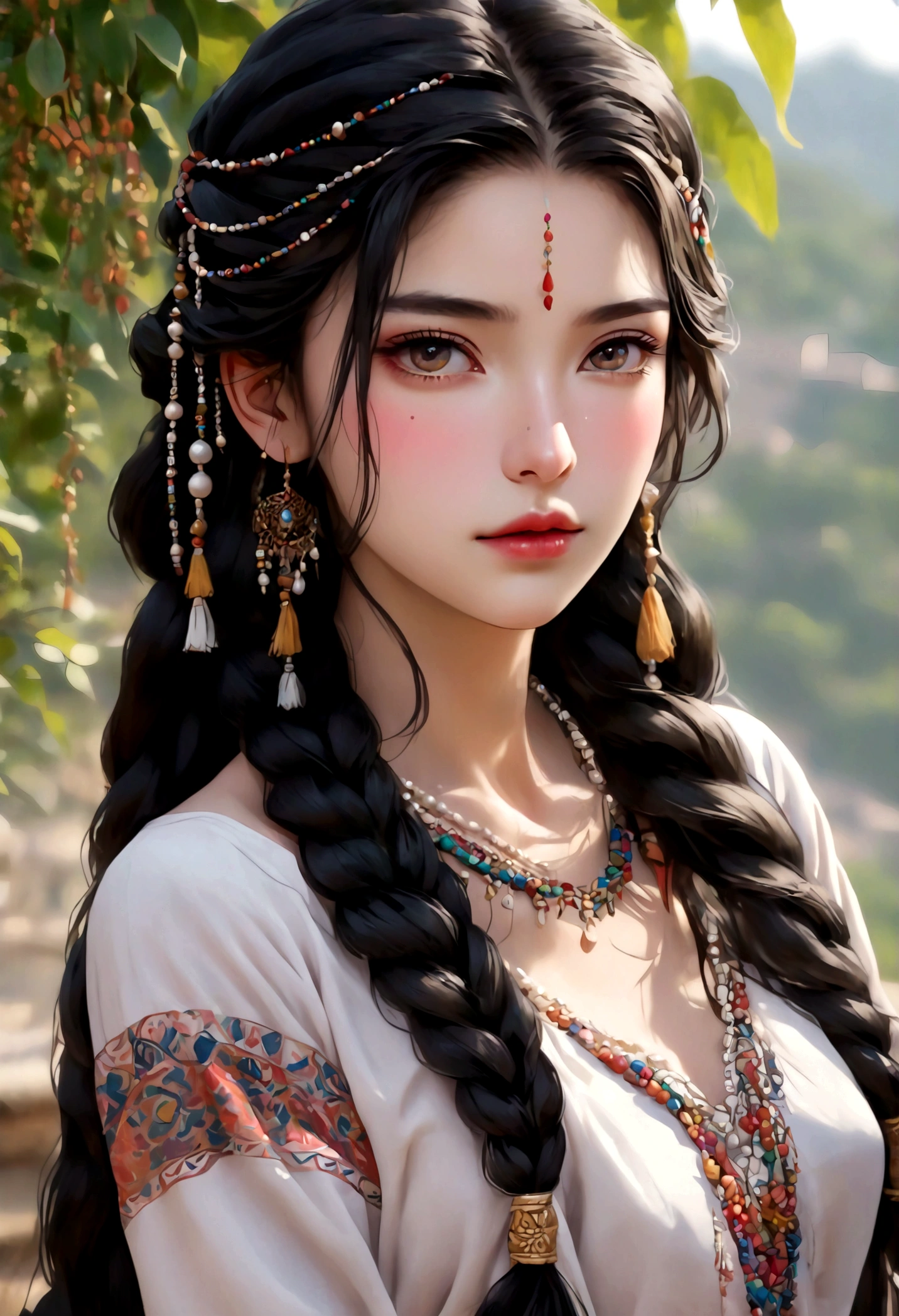 Beautiful young woman in traditional ethnic costume, flowing long black hair，With colorful braids, radiant skin, Delicate facial features and delicate eye makeup, Pearl necklace, Blurred background, (best quality,4k,8K,High resolution,masterpiece:1.2),Extremely detailed,(Practical,photoPractical,photo-Practical:1.37),Extremely detailed eyes and face,Long eyelashes,Beautiful and delicate eyes,Beautiful and delicate lips,Delicate skin，With slight freckles,Delicate shoulders and arms,elegant flowing dress,Intricate traditional ethnic patterns and designs