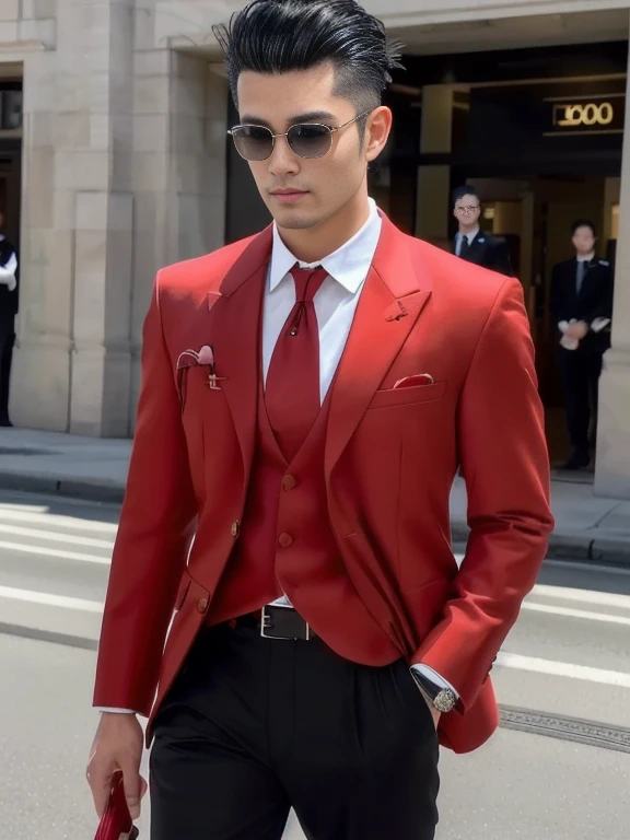 Asian man, Wear a red formal dress,A well-maintained model, Profile picture, Aravbai man has a round face., Mohawk haircut,Clean and tidy, Wearing a suit and tie standing on the road, Very handsome, very realistic, highly realistic detailed face, realistic detailed face, One realistic face, With a very detailed face., Male characters, 3D demoreal avatar, Faces with realistic details, Realistic art style, 8k highly detailed face, realistic human, Realistic perfect face, 