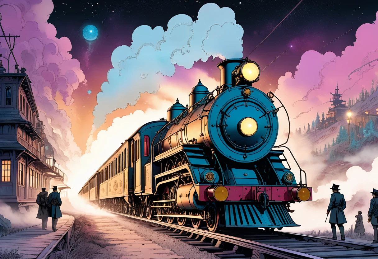 Steampunk locomotive running through the galaxy, two Italian boys board the Galaxy Express and travel through space meeting various people, fairy tale "Night on the Galactic Railroad", highly detailed and elaborate machinery, beautiful landscapes, cinematic lighting, warm tonal palette, voluminous fog, dramatic composition, photorealistic, masterpiece, 8k, hyperrealistic, concept art style