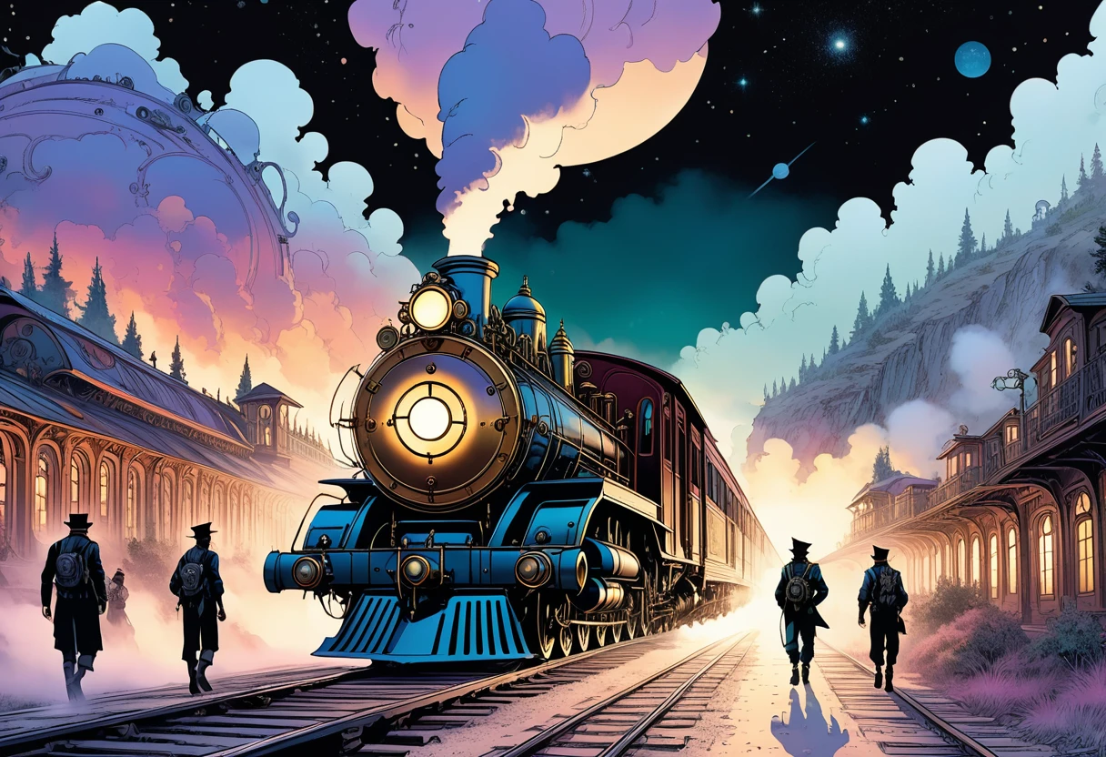 Steampunk locomotive running through the galaxy, two Italian boys board the Galaxy Express and travel through space meeting various people, fairy tale "Night on the Galactic Railroad", highly detailed and elaborate machinery, beautiful landscapes, cinematic lighting, warm tonal palette, voluminous fog, dramatic composition, photorealistic, masterpiece, 8k, hyperrealistic, concept art style