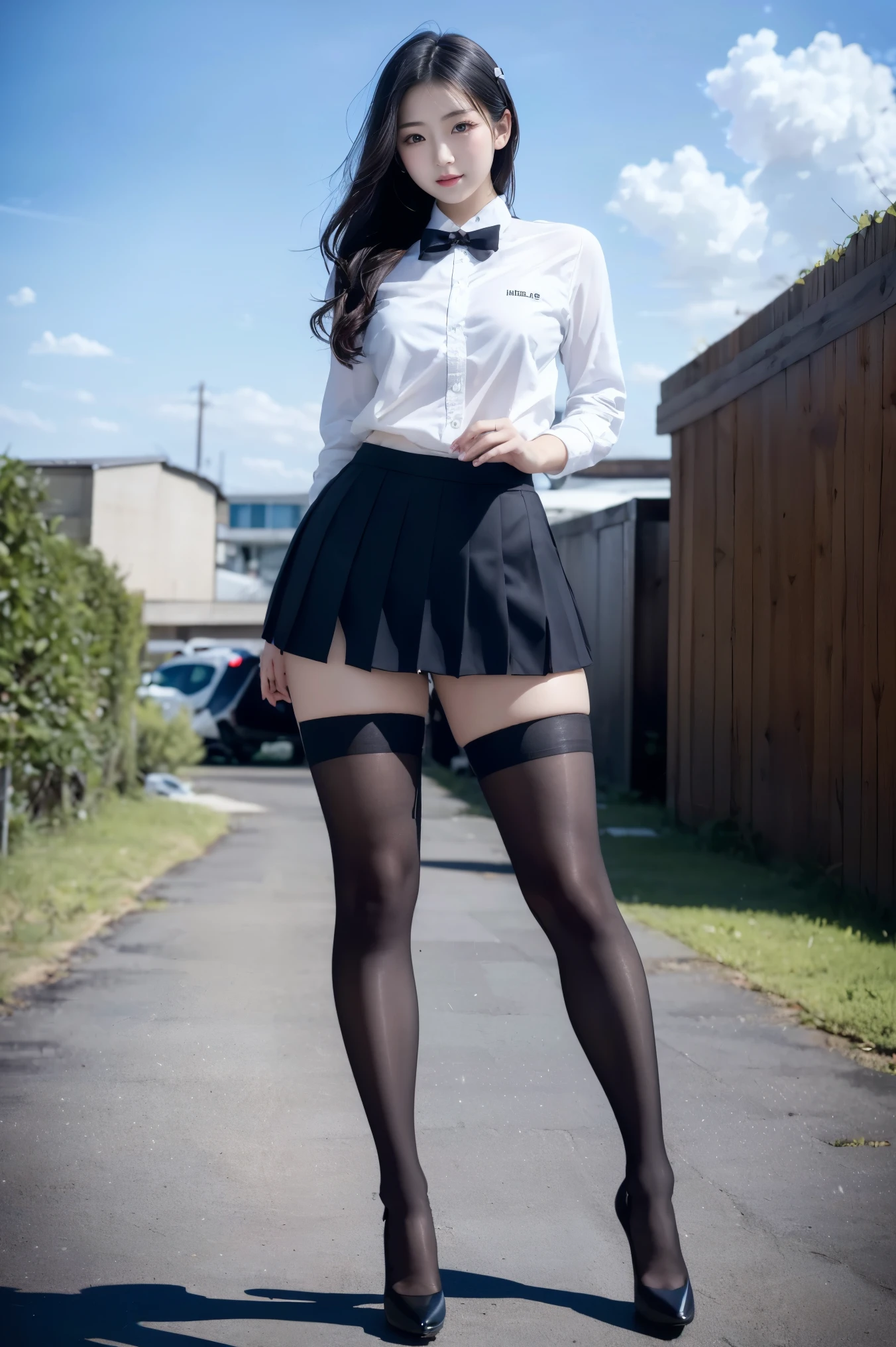 Realisticな紺色制服と黒ストッキングを着用した, Two high school girls with long legs, Studio shot, (8k), (highest quality: 1.2), (Realistic), Ultra-high resolution, Very detailed, (RAW Photos:1.4), (Two high school girls are standing facing this way.),(Anatomically correct leg angle),((Full body photography)), Japanese high school girls, 19 years old, Detailed skin, Super cute face, (F Cup Big:1.3), (Winter uniforms), (The pleated mini skirt is very short:1.4), (wide thighs and long legs:1.5), (Seamless black stockings:1.3), (High school girls always wear black stockings.), (Wearing high-heeled brown heels), Accurate high heels,(Black stockings accentuate her very wide thighs and very long legs), Blonde Short Cut, She has a cute Japanese face with realistic facial features., ポートレートがUltra-high resolutionで超リアル,
