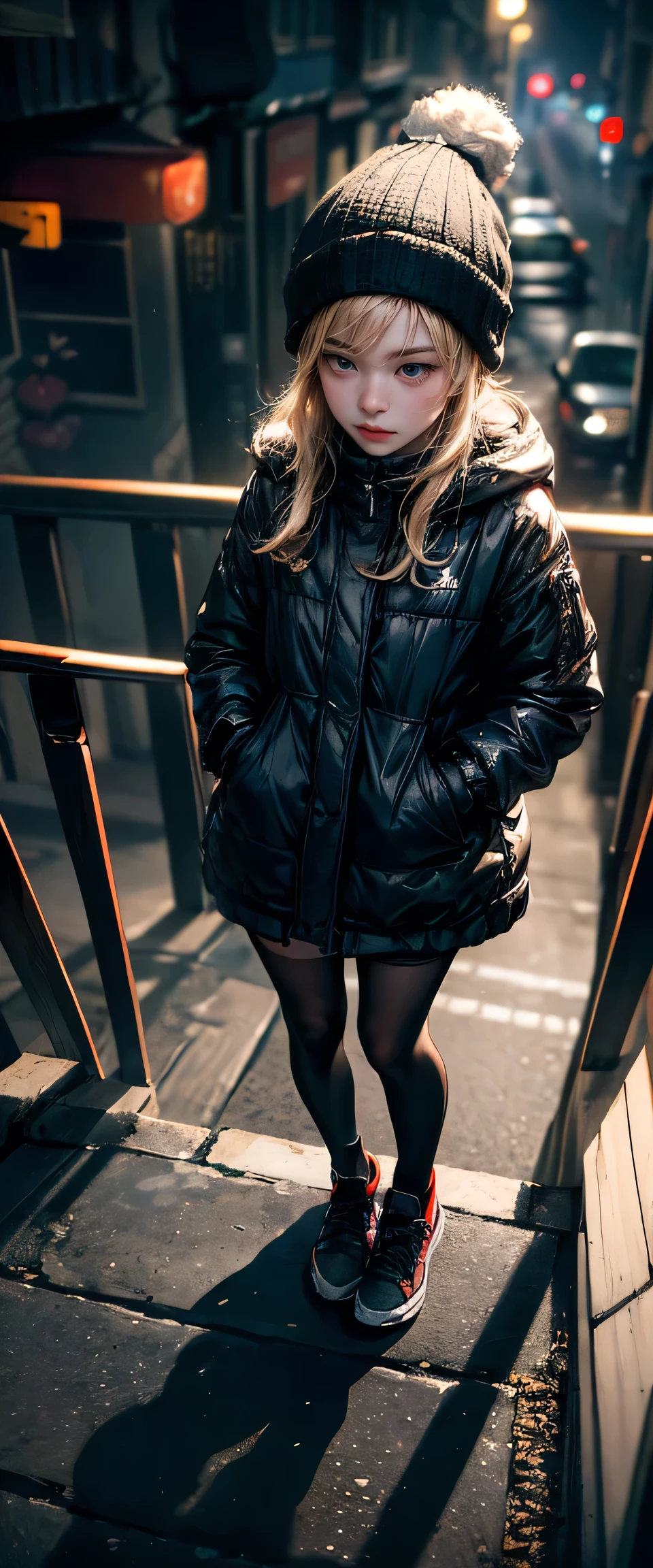((masterpiece, highest quality, Highest image quality, High resolution, photorealistic, Raw photo, 8K)), ((Extremely detailed CG unified 8k wallpaper)), Late night convenience store, a young girl stands outside. She wears a beanie hat and rain coat. She looks sad. Pretty, Beautiful, young, 14 year old, short blonde. thin, thigh high lace stockings, adidas samba style sneakers. Seen from above looking down a set of iron stairs, menace, threat, dark, night