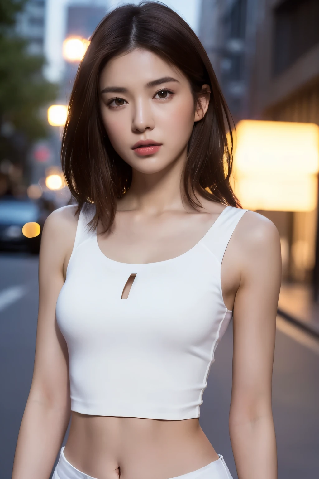 ((Realistic lighting, Best quality, 8K, Masterpiece: 1.3)), Clear focus: 1.2, 1girl, Perfect Figure: 1.4, Slim Abs: 1.1, ((Dark brown hair)), (White crop top: 1.4), (Outdoor, Night: 1.1), City streets, Super fine face, Fine eyes, Double eyelids,