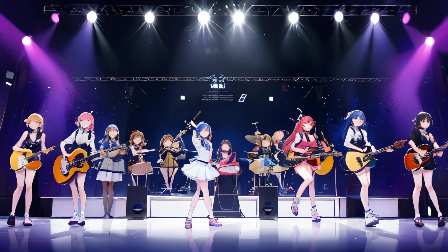 ((highest quality)), ((masterpiece)), (detailed), Seven Girls,Singing on stage with a guitar、Spotlight is on、 